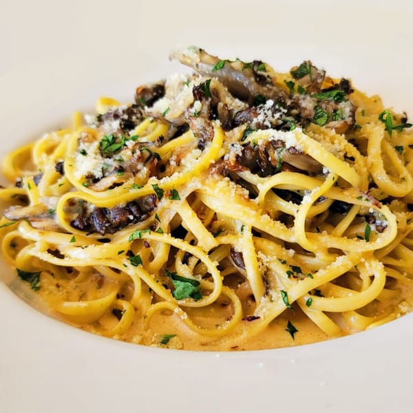 Creamy mushroom linguine pasta topped with grated cheese and fresh parsley in a white bowl.